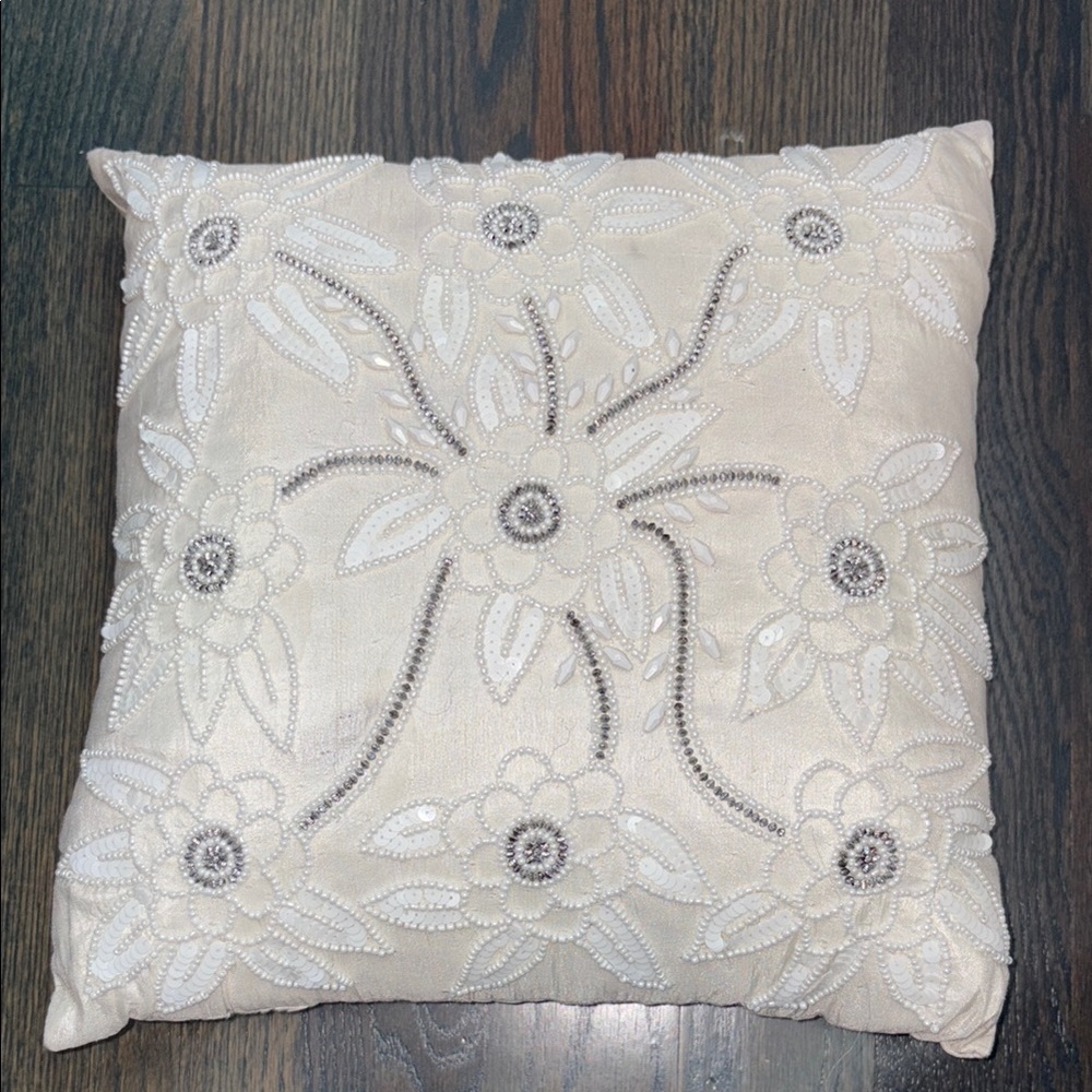 Embroidered Floral Cream Decor Pillow